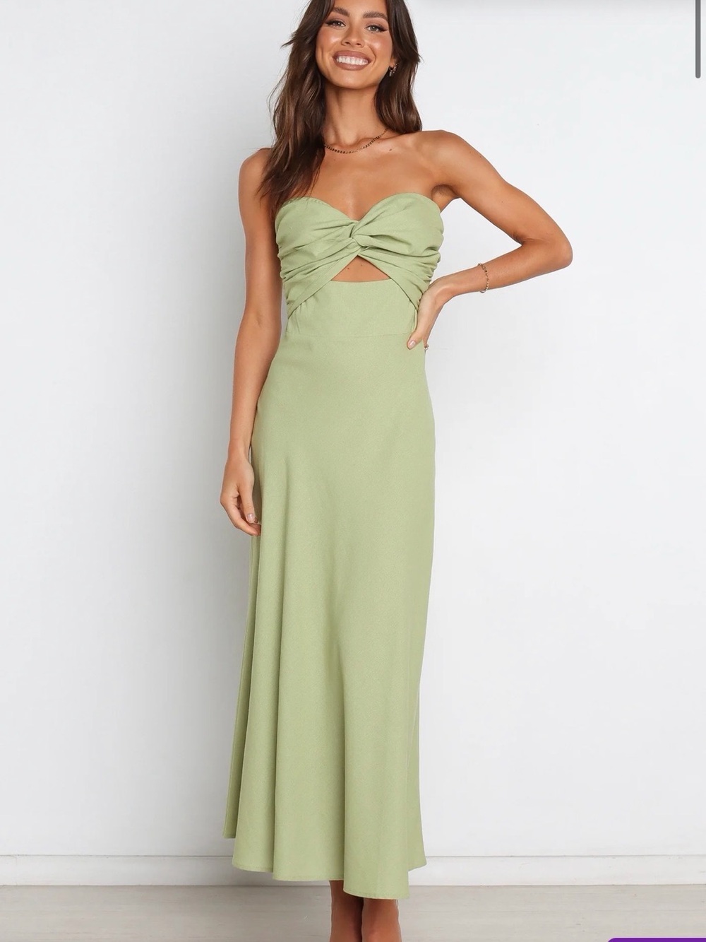 Petal & Pup Rosetta Olive Green Cotton Linen Blend Strapless Maxi Dress 4
